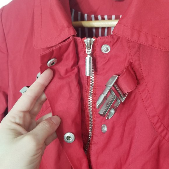Suka Bright Red Snap Zip Front Coat Lined Jacket Cotton Blend Trench Buckle Med - Picture 4 of 14
